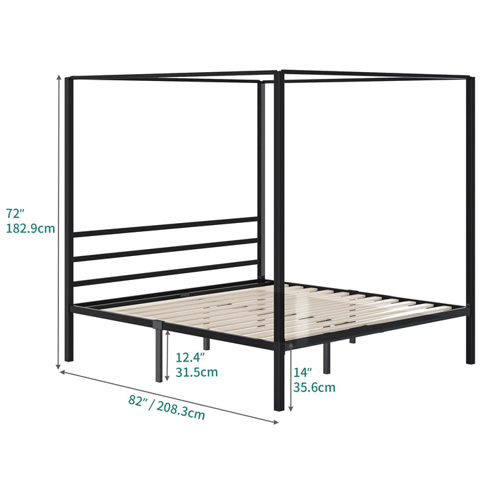 King Size Black Canopy Bed Frame with Headboard, Mattress Foundation with Wooden Slats and Steel Structure, No Box Spring Needed