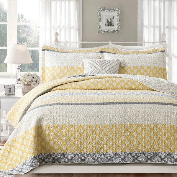 Quilt Bedspread for Queen Bed, 100% Cotton Gold (Yellow)/Gray Spring Floral Striped Printed Reversible Bedspread, Lightweight Farmhouse Summer Queen Quilt Comforter Set, 3-Piece 98"X90"