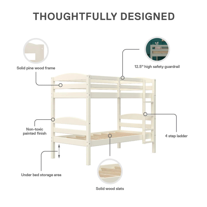 Leighton Solid Wood Twin-Over-Twin Convertible Bunk Bed, White