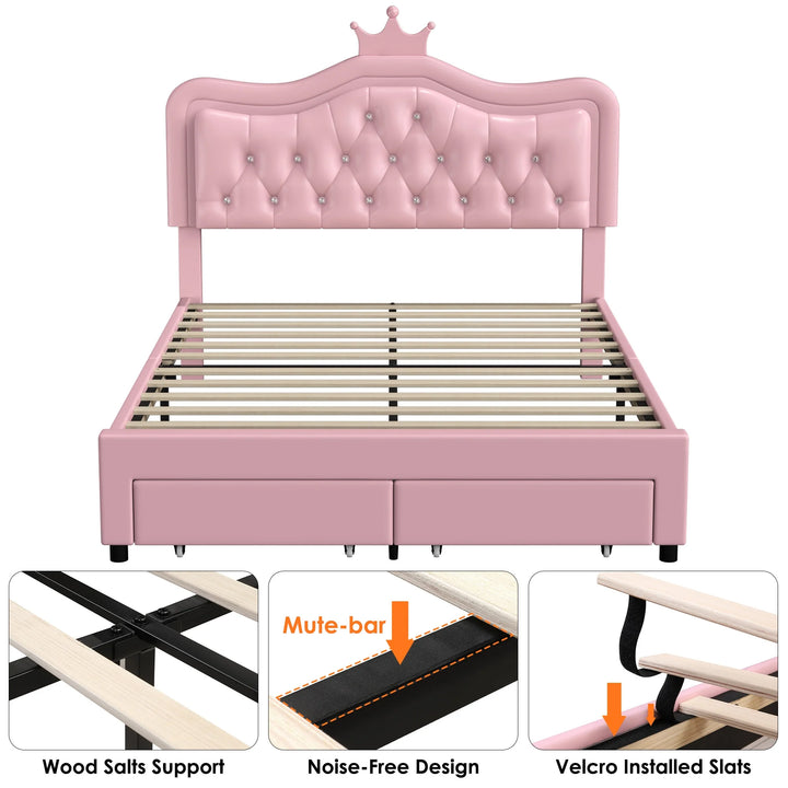 Full Size LED Bed Frame with Storage Drawers, PU Leather Crown Platform Bed with Crystal Tufted Upholstered Adjustable Headboard, Pink