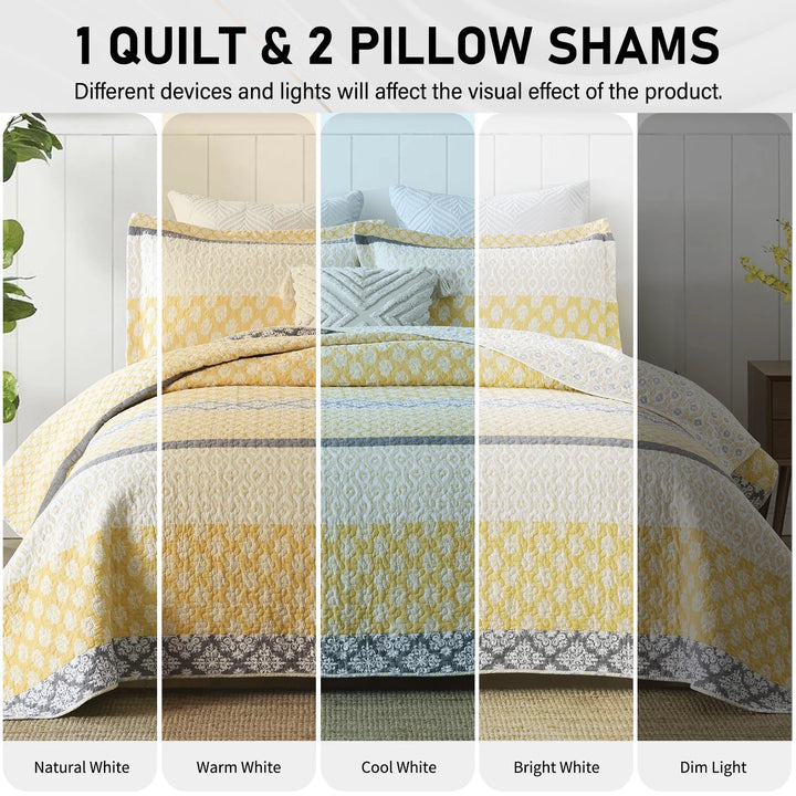 Quilt Bedspread for Queen Bed, 100% Cotton Gold (Yellow)/Gray Spring Floral Striped Printed Reversible Bedspread, Lightweight Farmhouse Summer Queen Quilt Comforter Set, 3-Piece 98"X90"