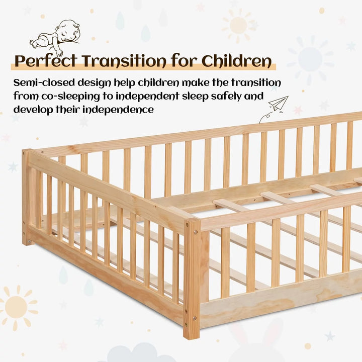 Twin Floor Bed Frame for Toddler, Montessori Floor Bed with Fence and Wood Slats, Low Wood Platform Beds for Girls Boys Kids Happy Time, Natural