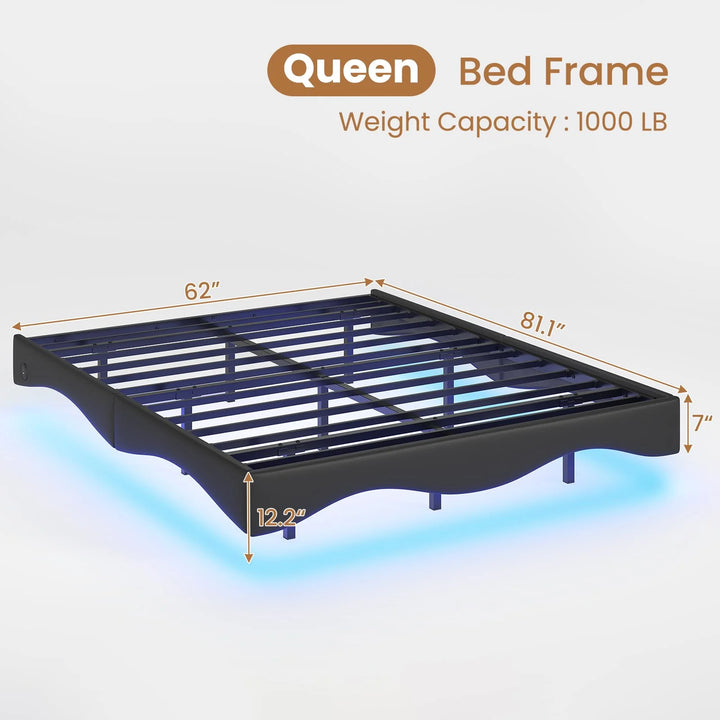 Queen Floating Bed Frame with Charging Station, Led Platform Leather Bed Frame, Black