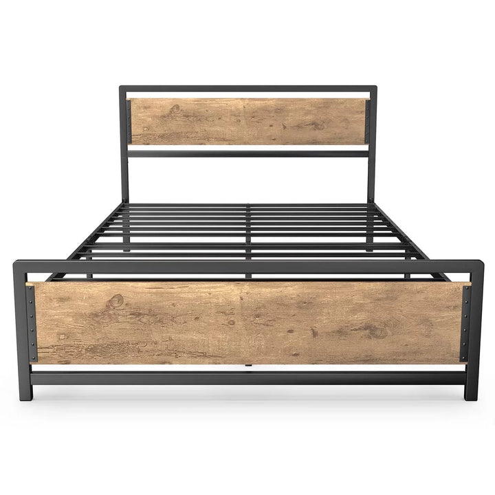 Queen Bed Frame with Rustic Vintage Wood Headboard and Footboard,Metal Support, 11'' Under-Bed Storage - Retro