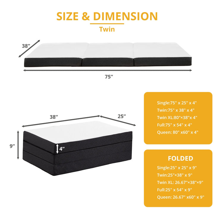 4 Inches Folding Twin Size Memory Foam Mattress with Cover,Tri-Fold Portable Mattress Topper for Guest Bed,Camping