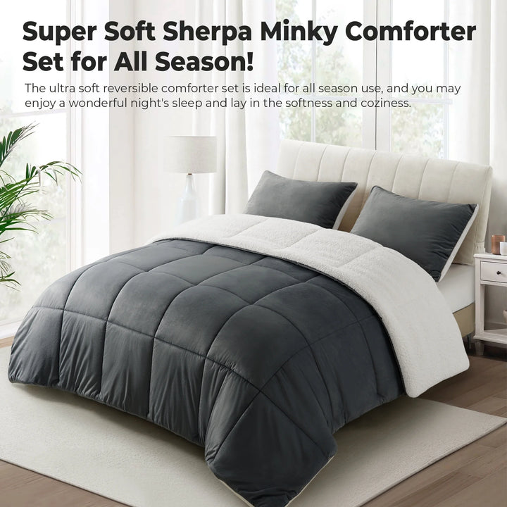 King Sherpa Comforter Set, Soft Quilted down Alternative Comforter Reversible Duvet with 2 Pillowcases, Plush Warm Fall Winter 3 Piece Bedding Sets, Dark Grey