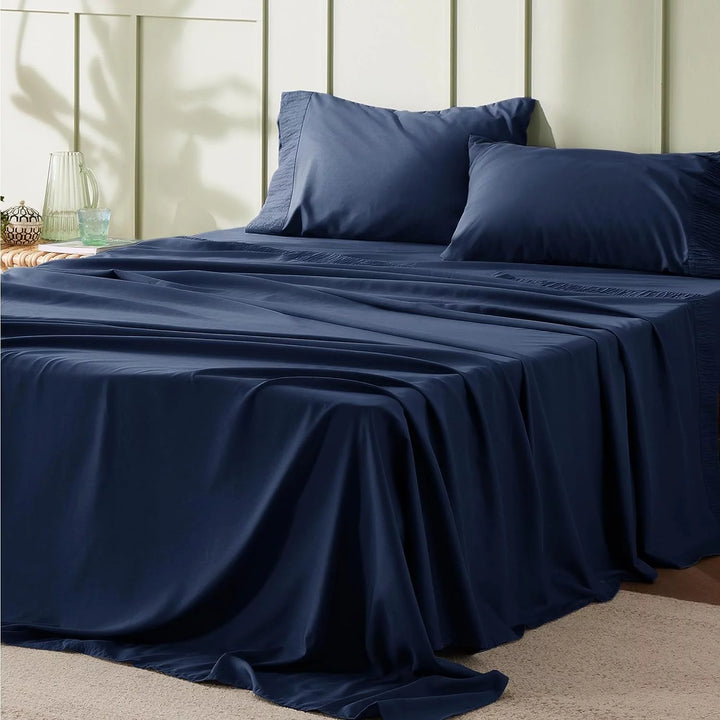 King Sheets - Soft Sheets for King Bed, 4 Pieces Hotel Luxury Navy Sheets , Easy Care Polyester Microfiber Material Cooling Bed Sheet Set