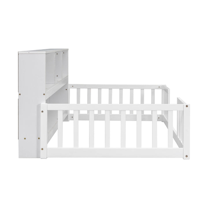 Twin Size Floor Bed Frame with Fence and Bookcase Toddler Floor Bed Low Bed with Entrance and Storage Shelves Montessori Bed Frame for Kids, Boys, Girls, No Box Spring Needed (Twin, White)