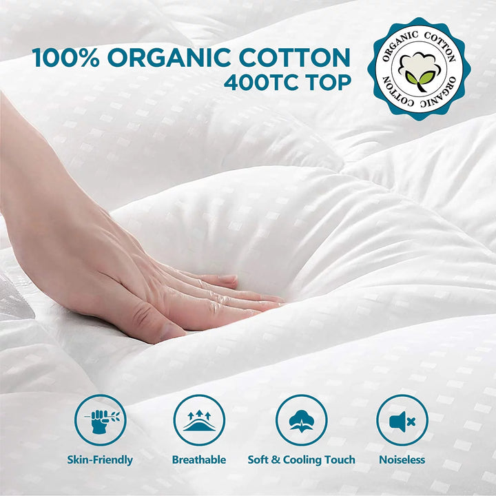 Queen Mattress Topper, Extra Thick Cooling Mattress Pad Cover, 400TC Cotton Pillow Top Protector with 8-21" Deep Pocket, Soft 5D Spiral Fiber Padding for Back Pain, White