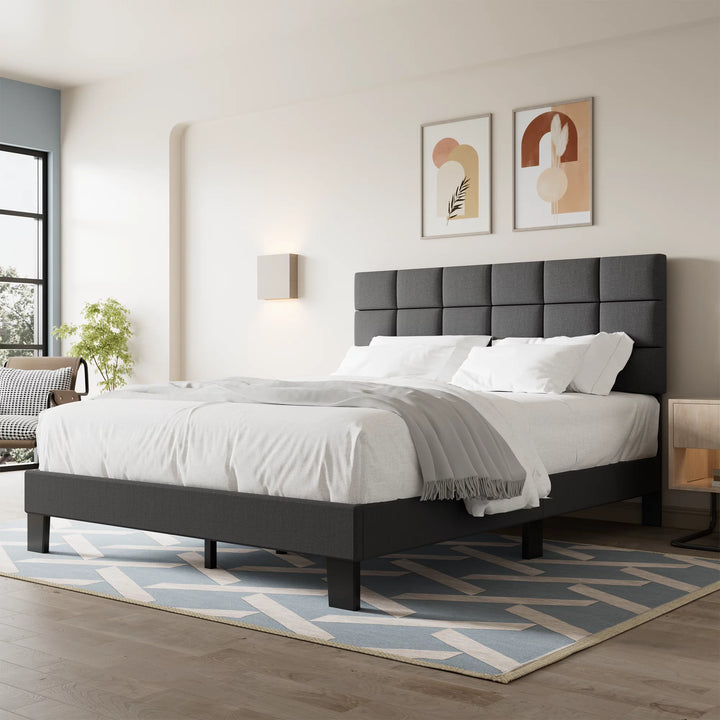 Full Size Platform Bed Frame with Adjustable Headboard, Fabric Upholstered Platform Bed Frame, Dark Gray