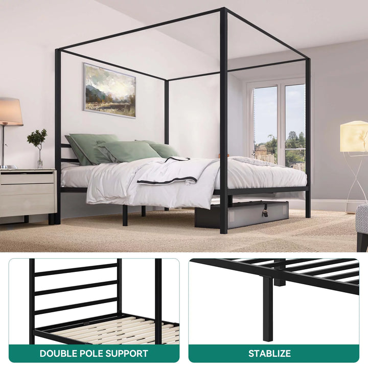 King Size Black Canopy Bed Frame with Headboard, Mattress Foundation with Wooden Slats and Steel Structure, No Box Spring Needed