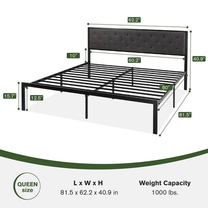 Queen Size Metal Platform Bed Frame with Tufted Headboard & Underbed Storage, Dark Gray