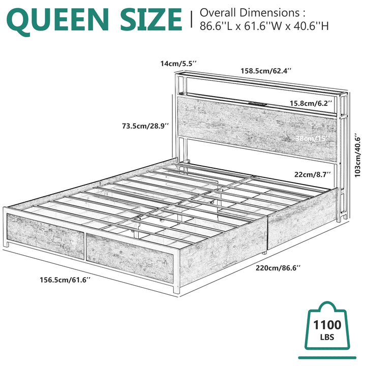 LED Bed Frame Queen Size with 2 USB Ports and Outlets, Platform Metal Bed Frame with 4 Storage Drawers and Headboard, No Box Spring Needed, Noise-Free(Rustic Brown-Queen)