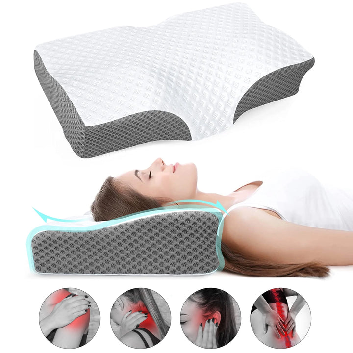 Cervical Memory Foam Pillow for Neck Pain Relief,  Ergonomic Bed Pillows for Body Side Back Stomach Sleepers, 23.6''X 13.3''X 4.3'',White