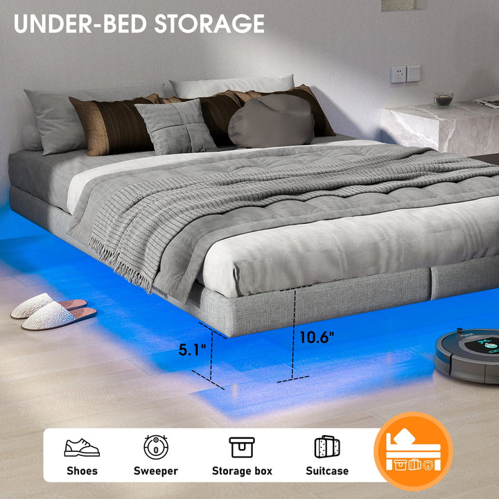 Floating Bed Frame Queen Size with LED Lights, Metal Platform Full Bed, No Headboard, No Box Spring Needed, Easy to Assemble