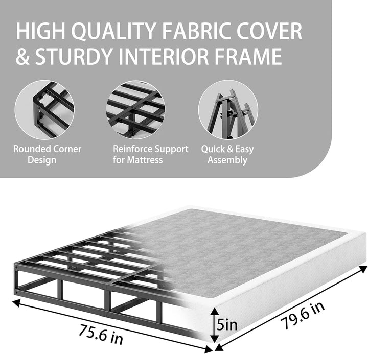 King Box Spring, 5-Inch Low Profile, King Size Box Spring, King Size Box Spring Only, Strong Metal Frame, Noise Free, Easy Assembly, 3000Lbs Weight Capacity