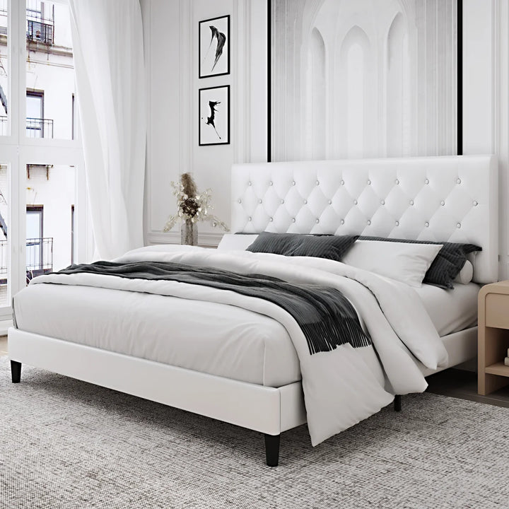 King Bed Frame, White Faux Leather Upholstered Button Tufted Low Profile Platform Bed Frame with Adjustable Headboard for Bedroom