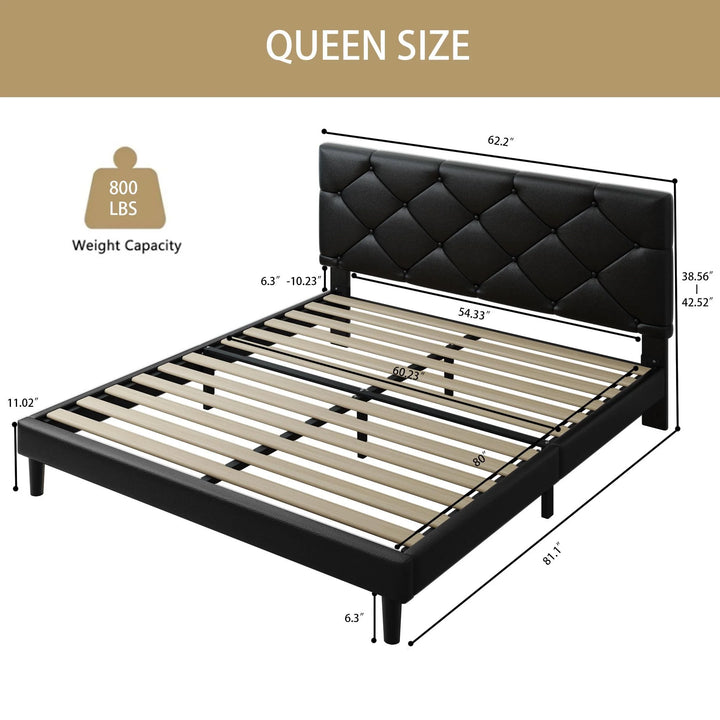 Upholstered Platform Queen Bed Frame with Headboard, Modern Black Faux Leather Queen Bed Frame with Wood Slat Support, Mattress Foundation for Adults Kids, No Box Spring Needed