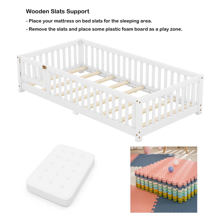 Twin Size Floor Bed with Door and Fence Toddler Floor Bed with Bed Slats Sturdy Wood Floor Bed Montessori Bed Frame for Kids, Boys, Girls (Twin, White)