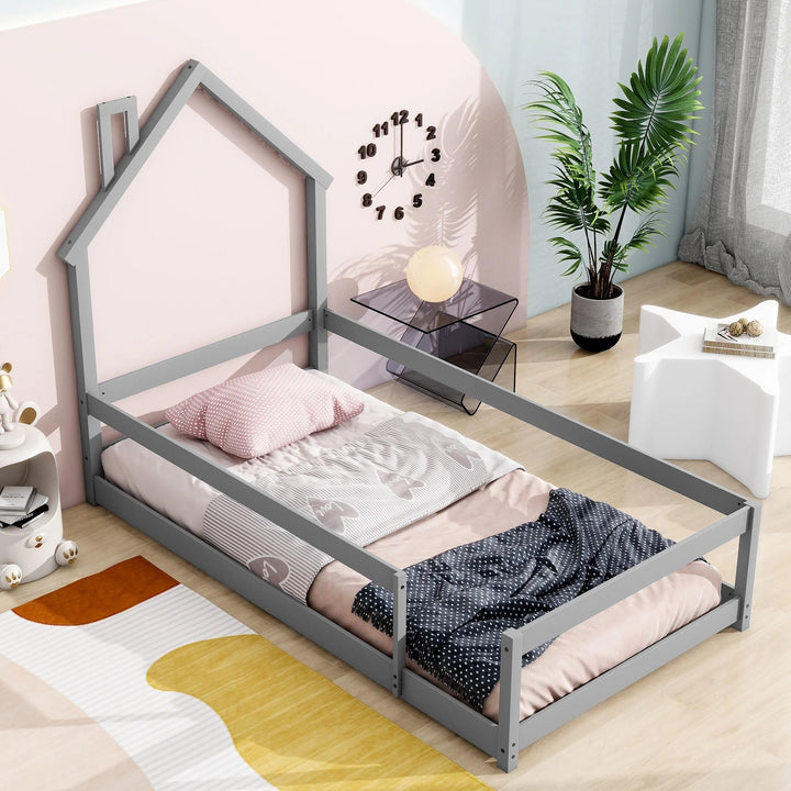 Twin Size Floor Bed with House-Shaped Headboard and Fence Twin Montessori Floor Bed Frame with Fence Twin House Bed Low Floor Bed for Kids, Toddlers, Boys, Girls, Gray