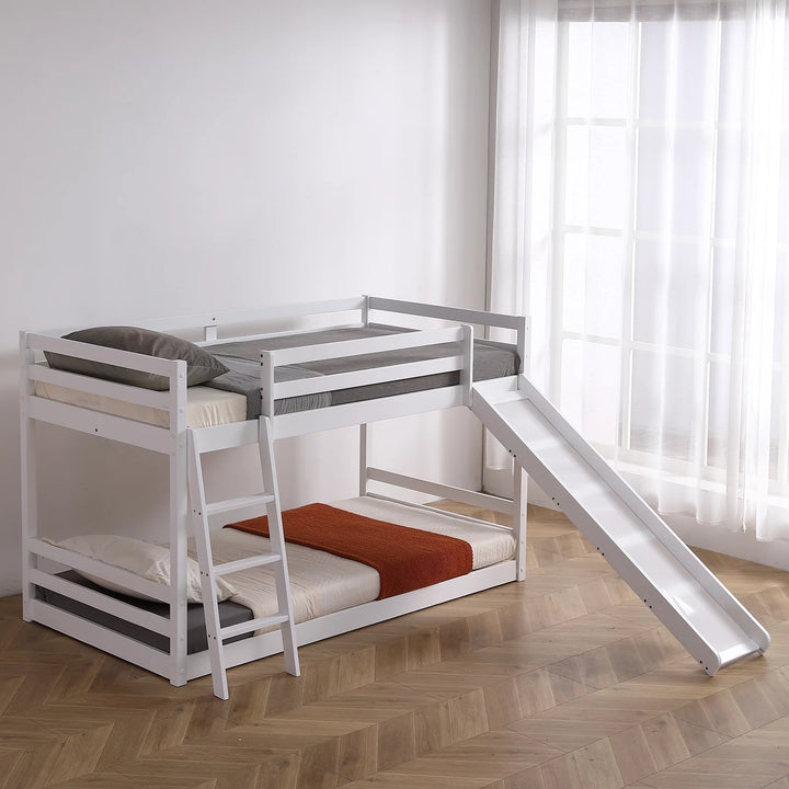 Zimtown Bunk Bed Twin over Twin,Kids Low Floor Bunk Bed with Slide for Children Boys Girls Dormitory Bedroom,No Box Spring Needed,White