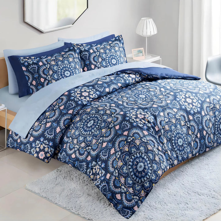 9-Piece Comforter Set Microfiber Navy Blue Bed in a Bag Hypoallergenic Reversible with Side Pockets Bed Sets for Queen Bed