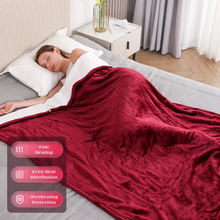 Electric Throw Blanket 50" X 60" Flannel & Shu Sherpa Heated Throwwith 4 Heating Levels, 3 Hours Auto-Off, Red