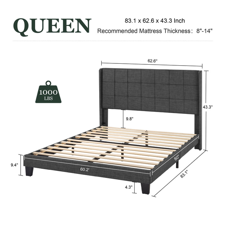 Queen Size Platform Bed with Wingback Headboard, Square Stitched Style, Dark Grey