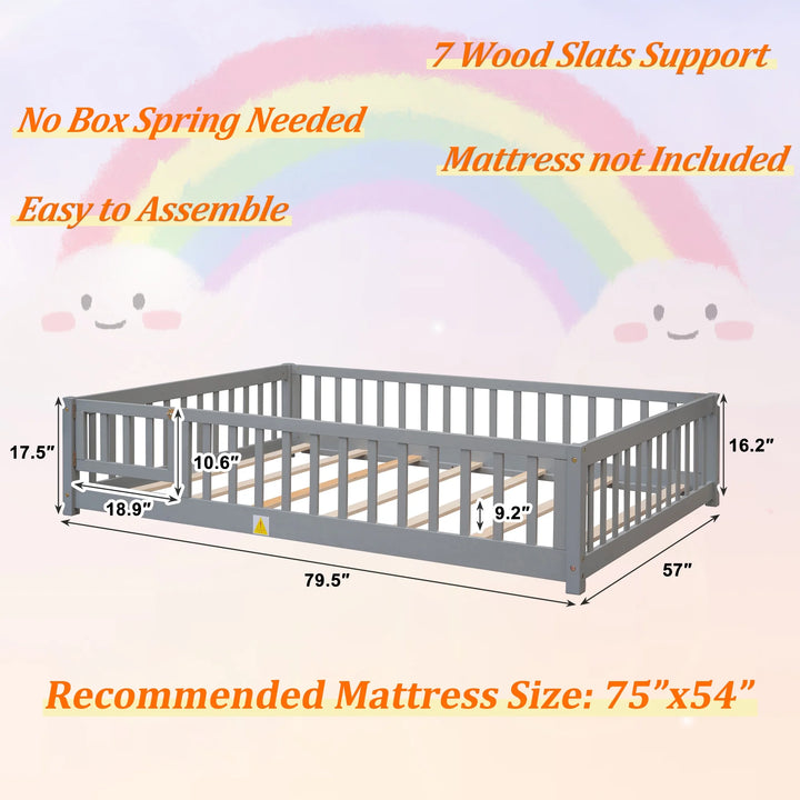 Kids Toddler Bed with Fence and Door, Full Size Platform Bed Floor Bed, Wood Bed Frame No Box Spring Needed, Gray