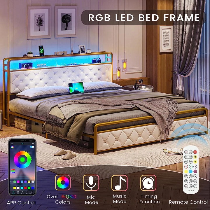 King Size Bed Frame with Headboard&Charging Stations, Modern Velvet LED Upholstered Platform Bed Frame with LED Lights&2 USB Ports, No Box Spring Needed, White