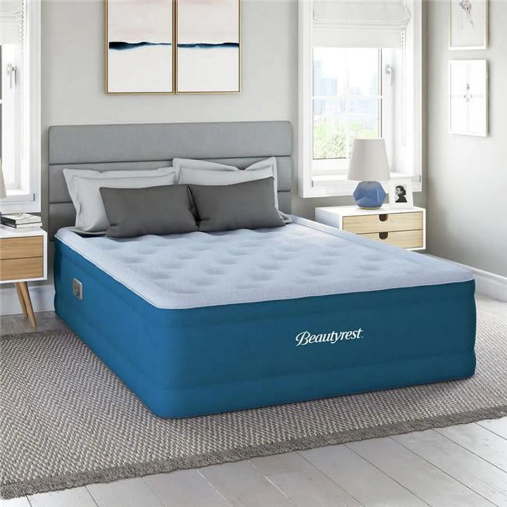 17 In. Beautyrest Comfort plus Offset Coil Twin Size Air Mattress with Inset Pump, Gray & Blue