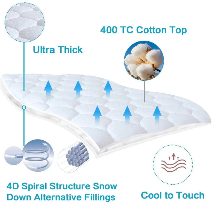 Waterproof Mattress Pad,400Tc 100% Cotton Cooling Mattress Topper Cover Extra Thick down Alternative Pillow Top Cooling Bed Topper and Hotel Quality Hypoallergenic Mattress Protector,Queen