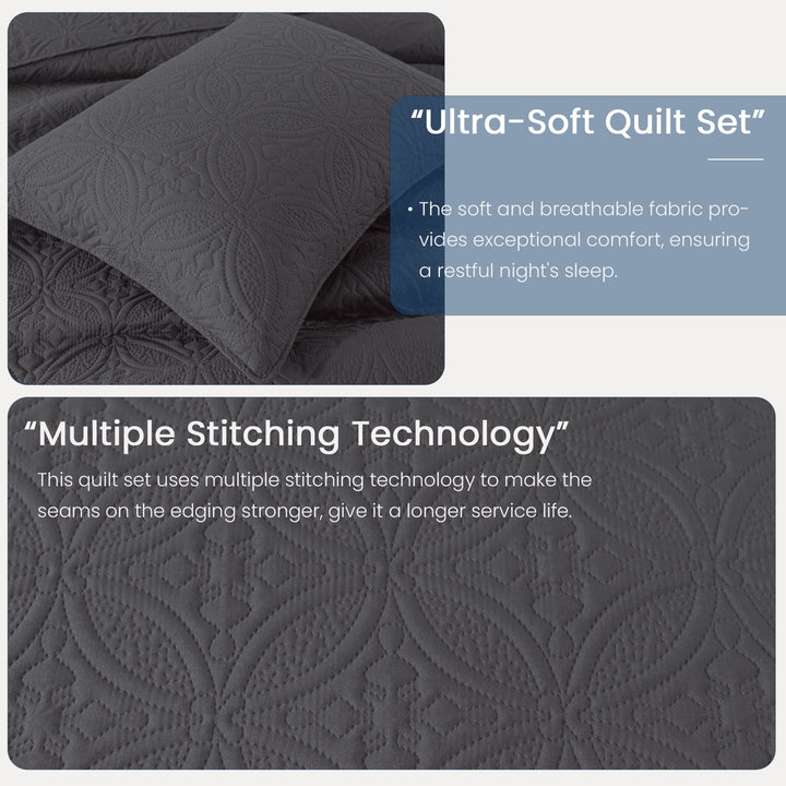 Quilt Set Queen Size - Lightweight Quilts Summer Bedspreads for All Season 3 Piece (1 Quilt, 2 Pillow Shams) - Dark Grey