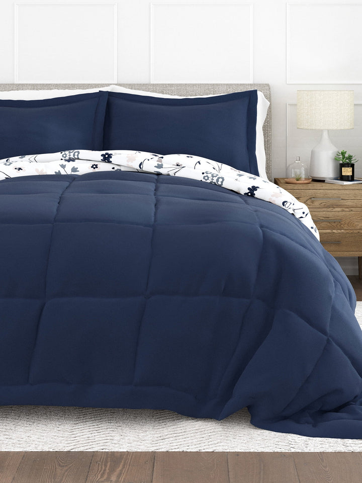 - Navy Forget Me Not Timeless Print All Season Down-Alternative Comforter for Queen Beds