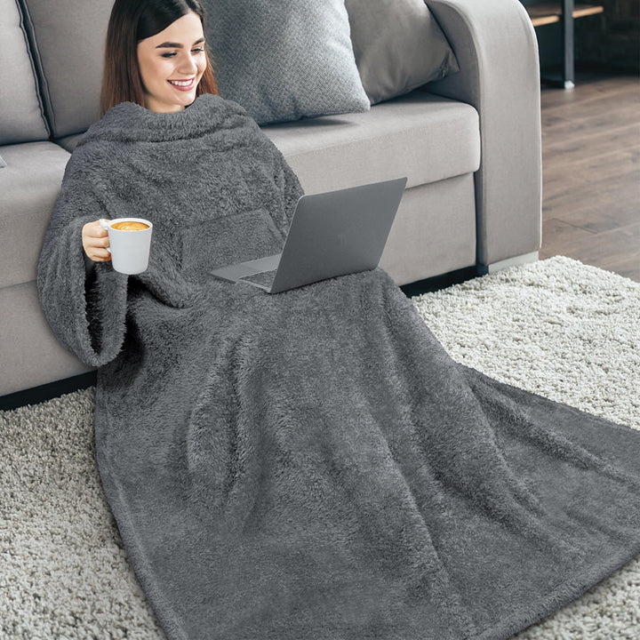 Fluffy Blanket with Sleeves Women Men Adults, Wearable Blanket Plush Soft Fuzzy, Hug Sleep Pod Snuggle Pocket Sleeved TV Throw, Sherpa Fleece Warm Cozy Shaggy Gifts Ideas Mom Wife, Dark Gray