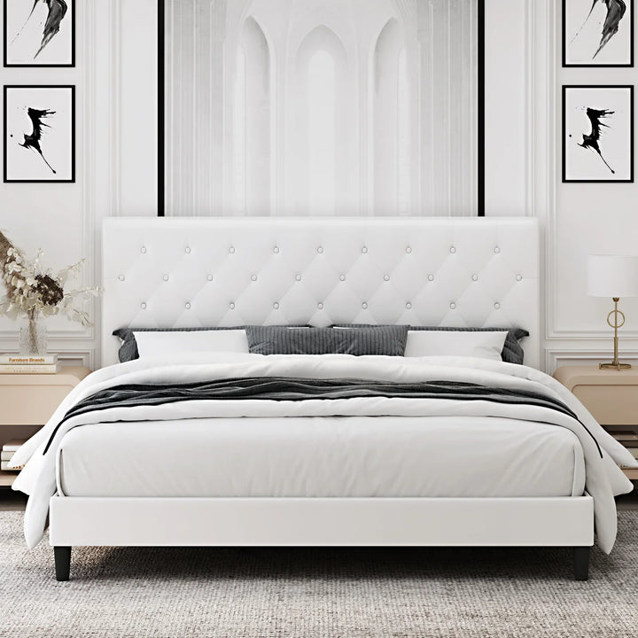 King Bed Frame, White Faux Leather Upholstered Button Tufted Low Profile Platform Bed Frame with Adjustable Headboard for Bedroom