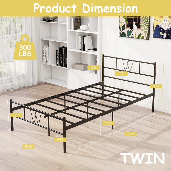 Twin Size Bed Frame, 11.2" Height Classic Metal Bed Frame with Iron-Art Headboard/Footboard/Under Bed Storage/No Box Spring Needed,Black