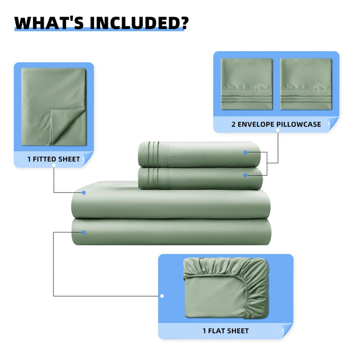 Cooling 4 Piece Luxury Bed Sheets Set, 1800 Series Microfiber Bed Sheets, 16" Deep Pocket, Queen, Green