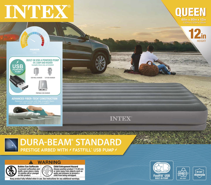 12" Dura-Beam Prestige Air Mattress Bed with Internal Fastfill USB Powered Pump - Queen