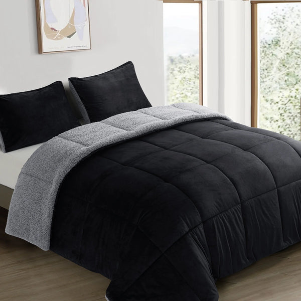 King Sherpa Comforter Set, Soft Quilted down Alternative Comforter Reversible Duvet with 2 Pillowcases, Plush Warm Fall Winter 3 Piece Bedding Sets, Black