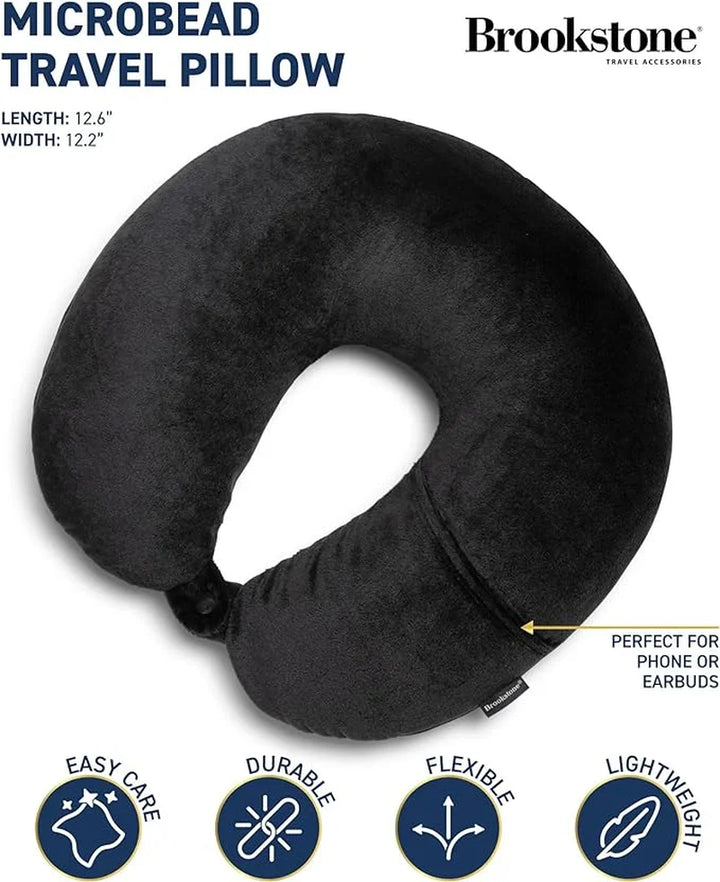 Microbead Travel Head and Neck Pillow Lightweight and Plush with Phone, Headphone Pocket