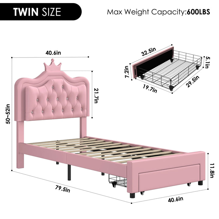 Twin Size LED Bed Frame with Storage Drawer, PU Leather Crown Platform Bed with Crystal Tufted Upholstered Adjustable Headboard, Pink