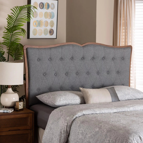 Georgia Classic and Traditional Grey Fabric and Walnut Brown Finished Wood Queen Size Headboard