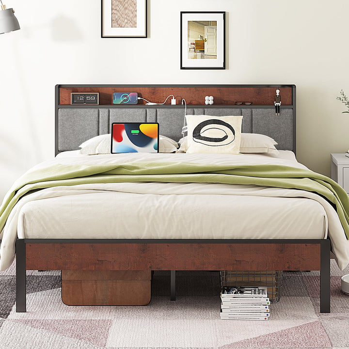 Queen Bed Frame, Platform Bed Queen Size with Storage Headboard and Charging Station, No Box Spring Needed, Gray