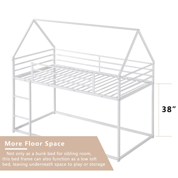 Metal House Bunk Bed, Twin over Twin Bunk Bed with Ladder, Toddler Floor Bunk Bed for Kids, Boys & Girls (White)