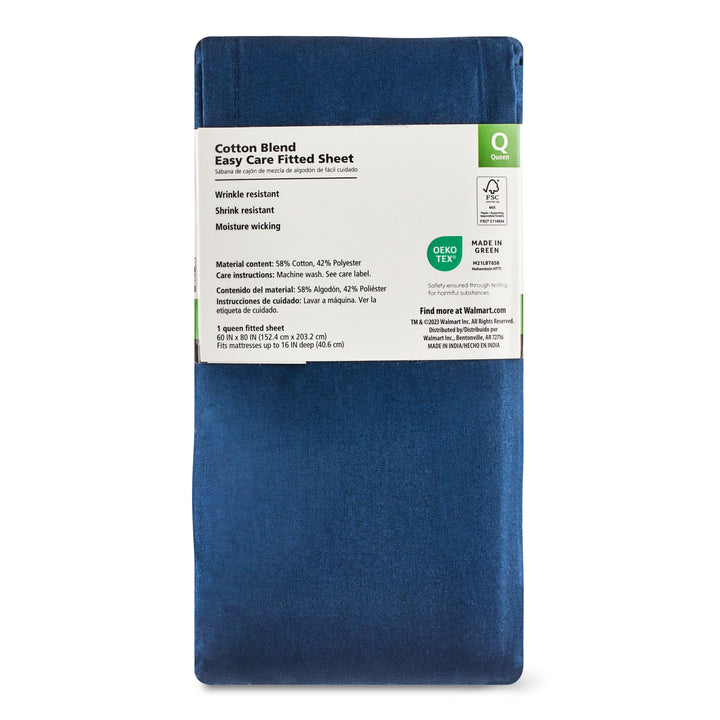 300 Thread Count Blue Cove Cotton Blend Percale Fitted Bed Sheet, Queen