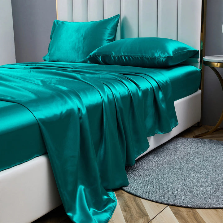 Satin Sheets Twin Silk Sheets Turquoise Bed Sheet Set Deep Pocket Bed Flat Fitted Sheet, 3-Pieces