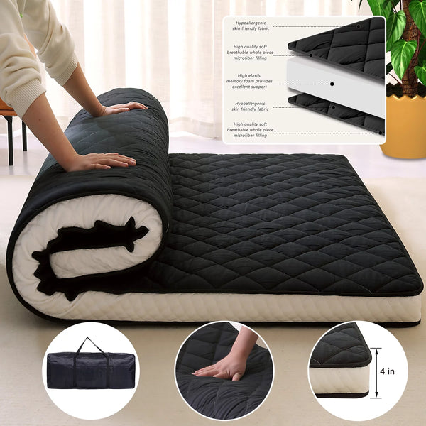 Japanese Floor Futon Mattress with Quilted Topper - Full Size, Black