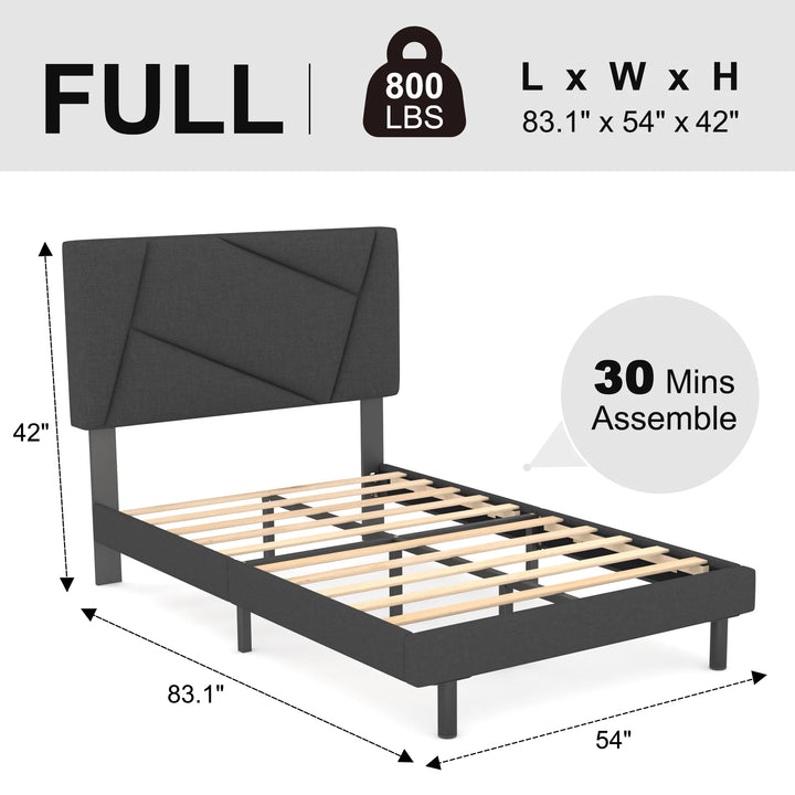 Full Bed Frame,  Full Size Platform Bed Frame with Fabric Upholstered Headboard, Dark Grey