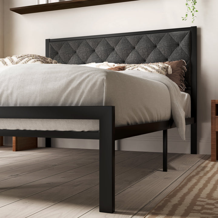 Queen Size Metal Platform Bed Frame with Tufted Headboard & Underbed Storage, Dark Gray